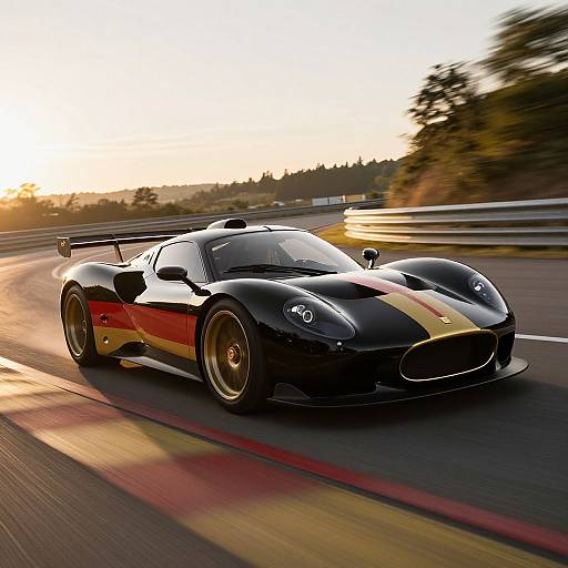 Photograph of a sleek, black Porsche 918 Spyder with yellow and red stripes speeding on a racetrack during sunset.