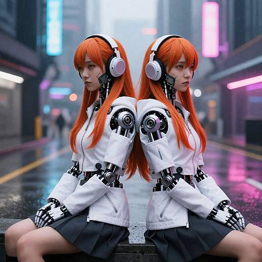 Photograph of twin cosplayers with long orange hair, white jackets, black skirts, headphones, sitting on wet city street at night, neon lights in