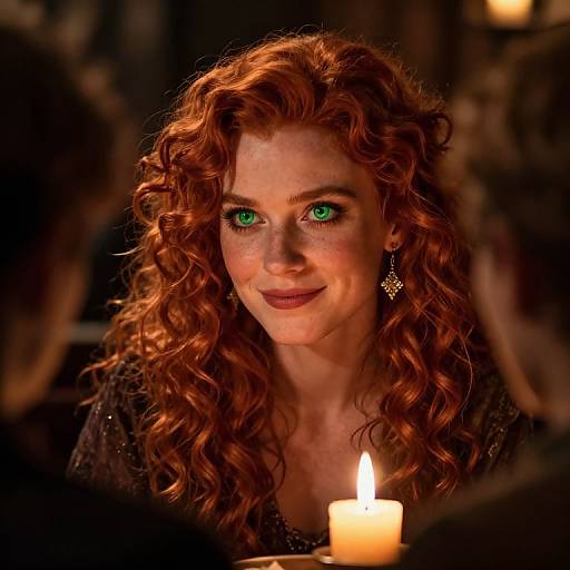 Photograph of a woman with vibrant green eyes, curly red hair, and a warm smile, illuminated by a glowing candle in a dimly lit,