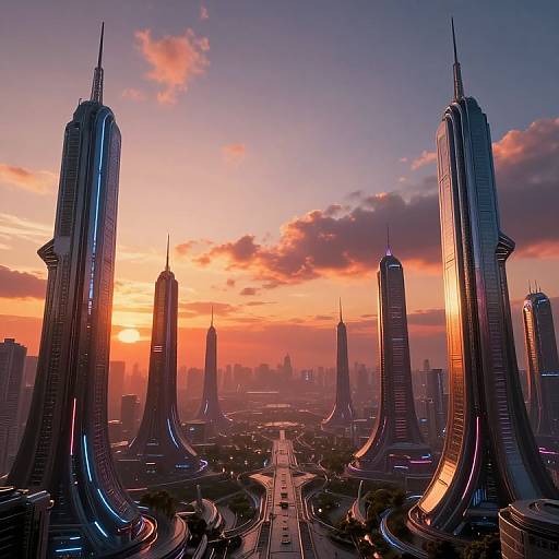 Photograph of futuristic cityscape at sunset, featuring tall, sleek skyscrapers with pointed spires, glowing neon lights, and vibrant orange-purple sky