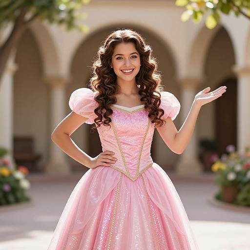 Photograph of a smiling woman with long curly brown hair, wearing a pink, sparkling, puffed-sleeve princess gown, standing in front of