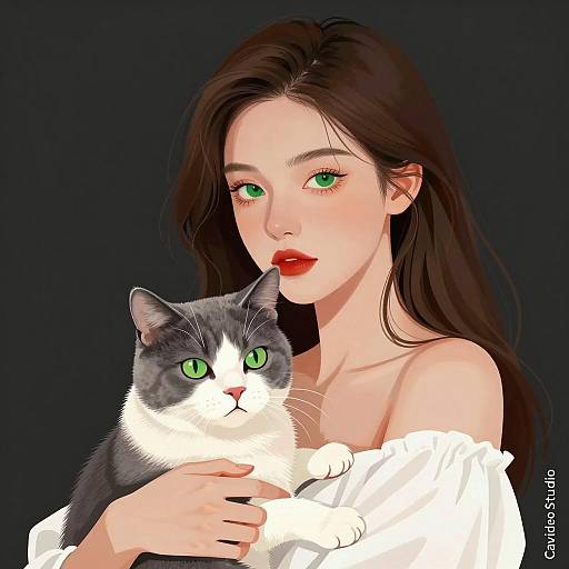 Digital Portrait of Woman Holding Gray and White Cat