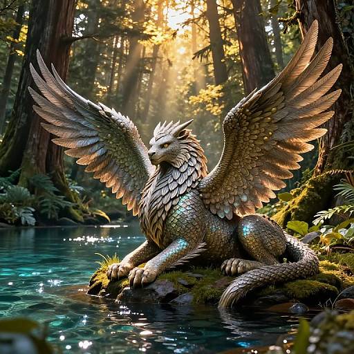 Digital artwork of a shimmering, dragon-like creature with large, detailed wings, sitting on a mossy rock by a sunlit forest stream.
