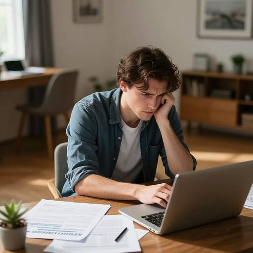 Photograph of a young man with curly brown hair, wearing a blue denim shirt, sitting at a wooden table, deeply focused on a laptop, surrounded