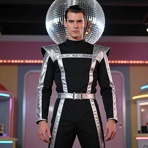 Photograph of a man with short black hair, wearing a black jumpsuit with silver metallic shoulder pads and stripes, standing in front of a large silver