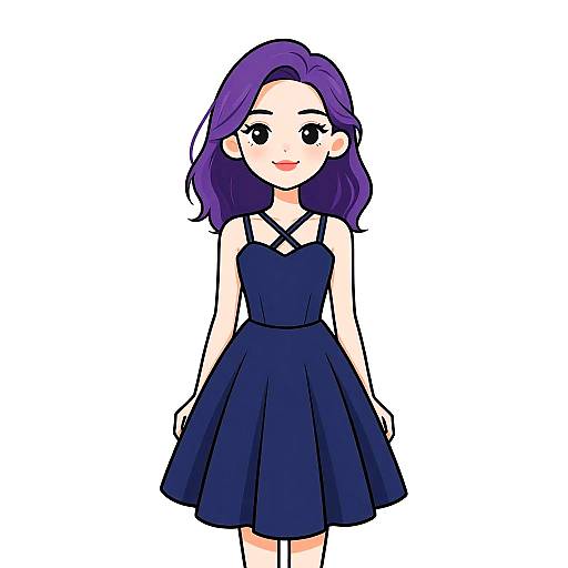 Digital anime-style drawing of a cute girl with purple hair, wearing a dark blue sleeveless dress with a crisscross strap, standing against a white