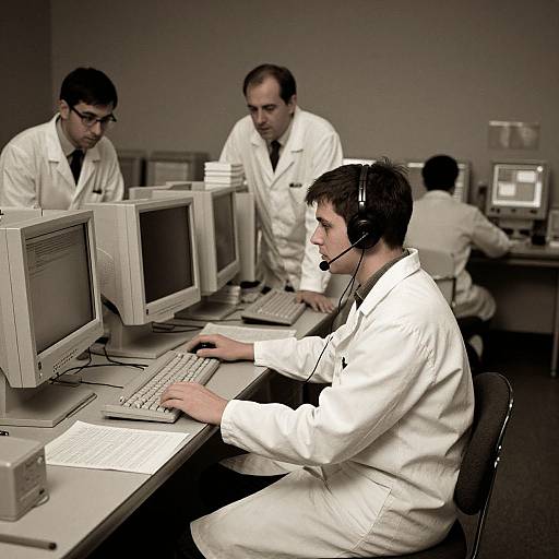 Photograph of four male scientists in white lab coats, working on old-style computers with monitors, keyboards, and headsets, in a dimly lit