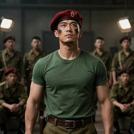 Muscular Man in Beret in Industrial Scene