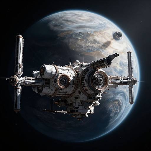 Photorealistic digital artwork of a massive, detailed space station floating against a bright, swirling Earth in space, with dark, star-studded background.