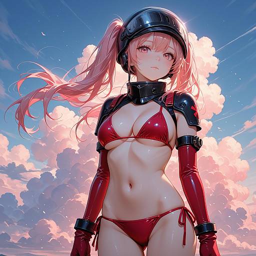Anime Girl in Red Bikini and Helmet