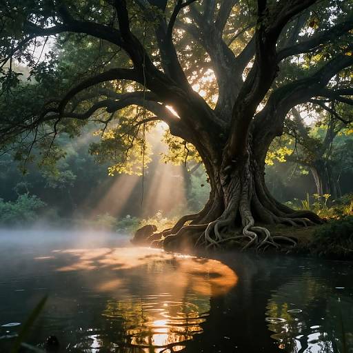 Photograph of a majestic, ancient tree with sprawling roots standing in a misty, sunlit forest pond, with sunlight beams creating a magical, eth