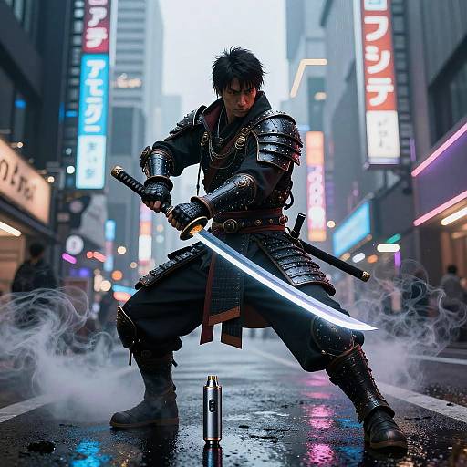 Digital art of a samurai in black armor, wielding a glowing sword in a neon-lit, rainy urban street at night.