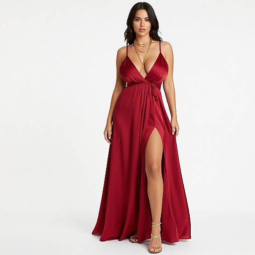 Photograph of a curvy woman with long black hair in a deep red, plunging, high-slit evening gown, gold chain necklaces,