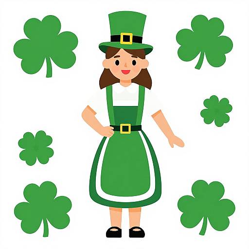 Cartoon illustration of a smiling girl in a green dress and top hat, surrounded by four clovers, with a white background.