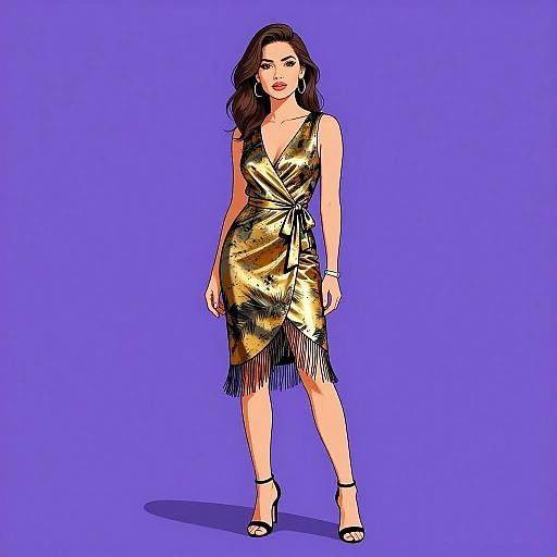 Digital illustration of a woman with long brown hair, wearing a gold, fringe-trimmed, V-neck dress, black heels, and hoop earrings,