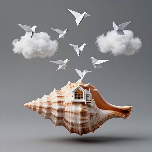 Photograph of a large, brown-striped seashell with a small, white house inside, floating above a gray gradient background. White paper birds and