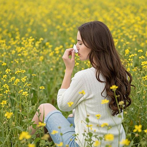 Photograph of a young woman with long, wavy brown hair, wearing a white sweater and blue jeans, sitting in a field of yellow flowers,