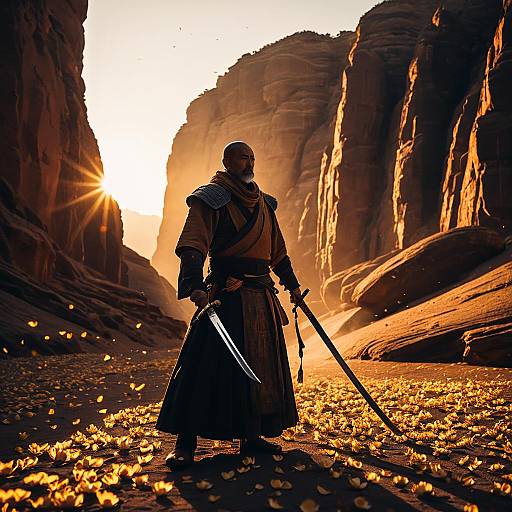 Ancient Desert Monk with Katanas at Sunset