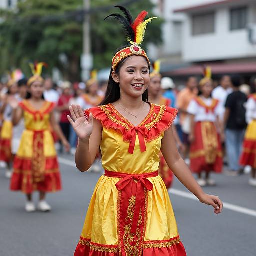 Photograph of smiling Asian woman in yellow and red traditional dress with red ribbon and feathered headpiece, waving at street parade.