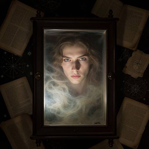 Photograph of a glowing, ethereal woman with piercing blue eyes and flowing blonde hair inside a glass box, surrounded by ancient, illuminated manuscripts on a