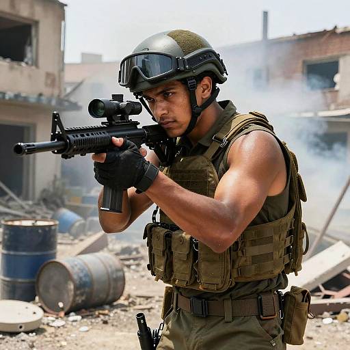 Photorealistic digital art of a muscular male soldier in tactical gear and helmet, aiming rifle in a smoky, war-torn urban environment.