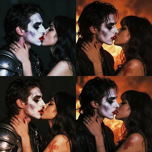 Digital collage of four dark, dramatic, fiery-lit kiss scenes between a pale, masked man in armor and a tattooed woman with black hair.