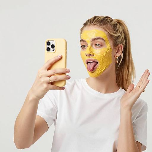 Young Woman Taking Selfie with Yellow Face Mask