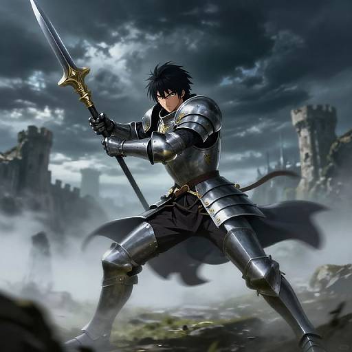 Digital fantasy artwork of a black-haired knight in silver armor, wielding a sword with a golden hilt, standing heroically in a misty, castle
