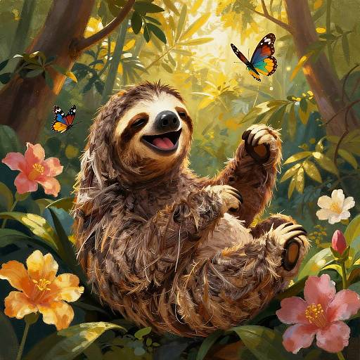Joyful Sloth in Blooming Jungle