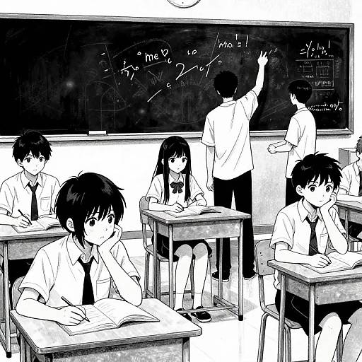 Black-and-white anime-style drawing of a classroom: five students with short black hair, wearing school uniforms, sit at desks; one teacher writes on a