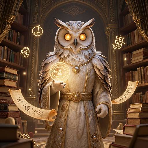 Owl Humanoid Scholar in Magical Library