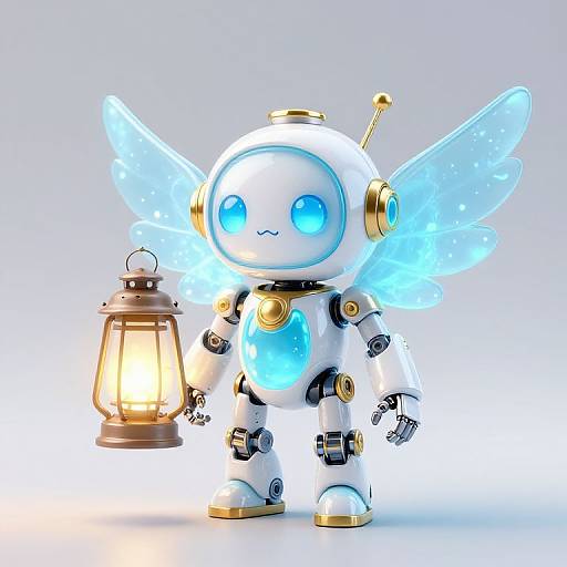 CGI image of a cute, white robotic angel with glowing blue eyes and wings, holding a lantern, set against a white background.