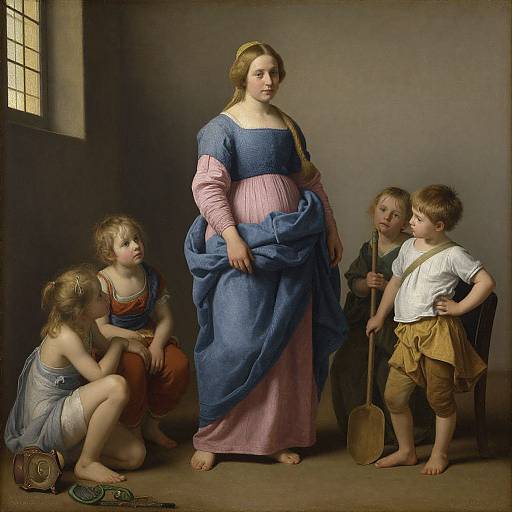 Renaissance-style painting of a pregnant woman in blue and pink dress with five children, standing in a dimly lit room.