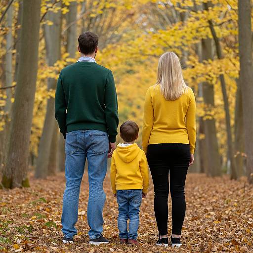 Photograph of a family walking in a autumn forest; man in green sweater, woman in yellow sweater, and child in yellow hoodie, surrounded by yellow
