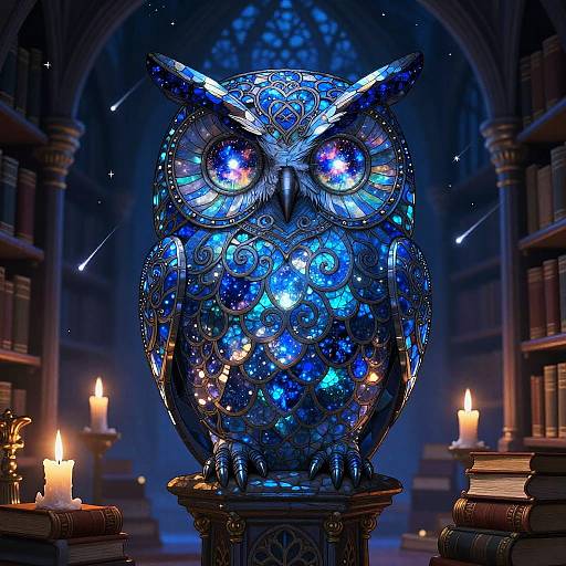 Luminous Sapphire Owl in Gothic Library