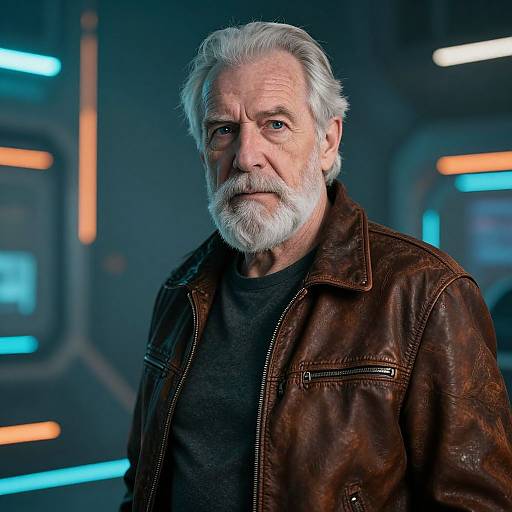 Photograph of an older white man with white hair and beard, wearing a brown leather jacket over a dark shirt, standing in a futuristic, blue-l