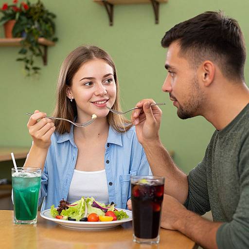 Photograph of smiling young couple eating salad at a light green-walled restaurant, holding forks, with drinks and potted plants in background.
