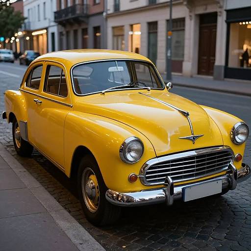 Photograph of a vibrant yellow vintage car with chrome accents, parked on a cobblestone street in an urban setting.