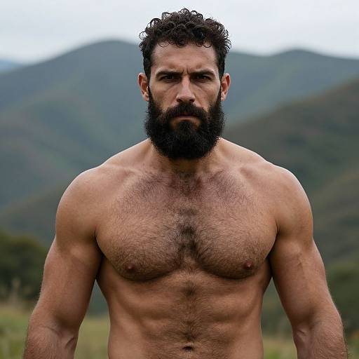 Photograph of a muscular, bearded, shirtless man with dark curly hair and chest hair, standing outdoors against a blurred mountain background.