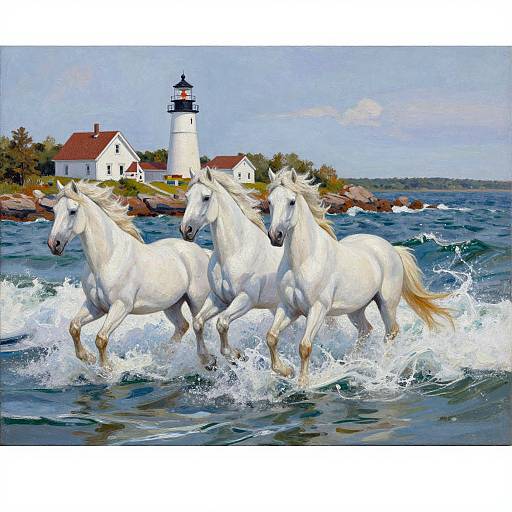 Digital painting of three white horses galloping through waves, with a lighthouse and white house in the background. Bright, vivid colors.