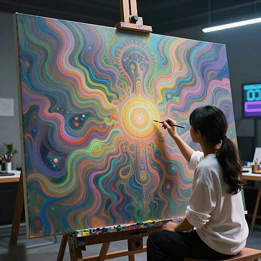 Artist with long black hair painting vibrant, wavy, multicolored abstract on canvas in studio, using a brush, under fluorescent lights.