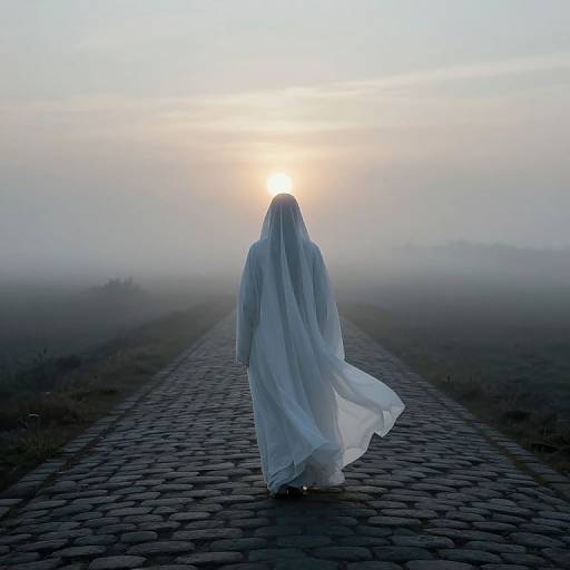 Photograph of a ghostly figure in a flowing white robe walking on a cobblestone path towards a glowing sunrise in a foggy landscape.