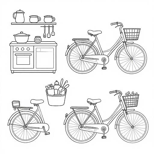 Black-and-white line drawing of four bicycles with baskets, and a kitchen setup with pots, pans, and utensils.