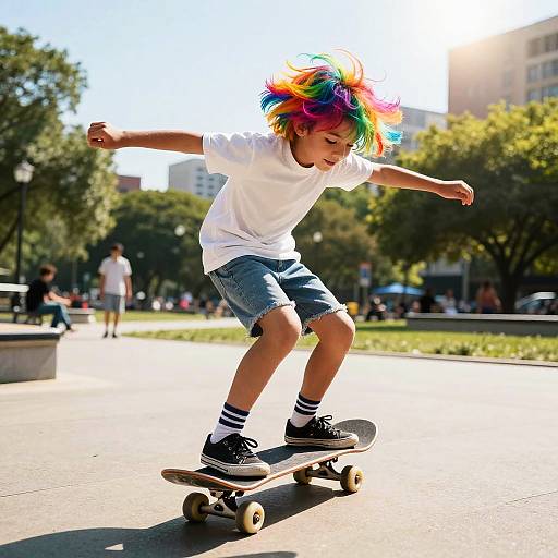Young boy with rainbow hair skateboarding in sunlit park, wearing white shirt, denim shorts, black socks, and sneakers, blurred background.