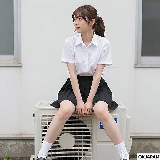 Japanese Woman Relaxing on AC Unit