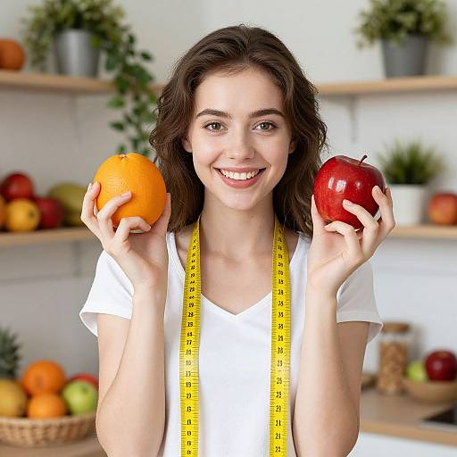 Photograph of a smiling young woman with wavy brown hair, wearing a white shirt and yellow measuring tape, holding an orange and red apple. Background