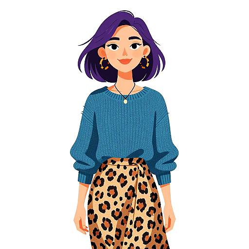 Digital illustration of a smiling woman with purple hair, wearing a blue knit sweater, leopard print skirt, gold hoop earrings, and a pearl necklace, against