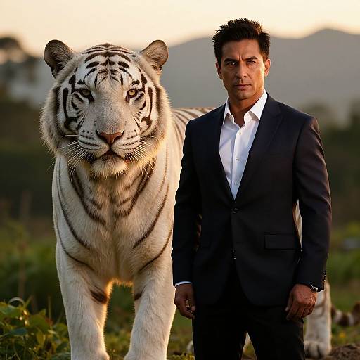 Photograph of a man in a black suit standing beside a large white tiger with black stripes, set against a sunset background.