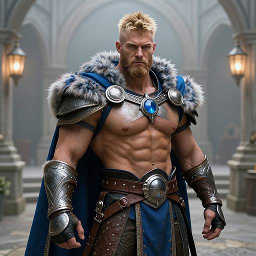 Heroic Muscular Warrior in Fantasy Courtyard