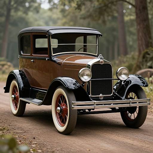 Photograph of a classic black vintage car with white-walled tires and red-rimmed wheels on a forest dirt road.